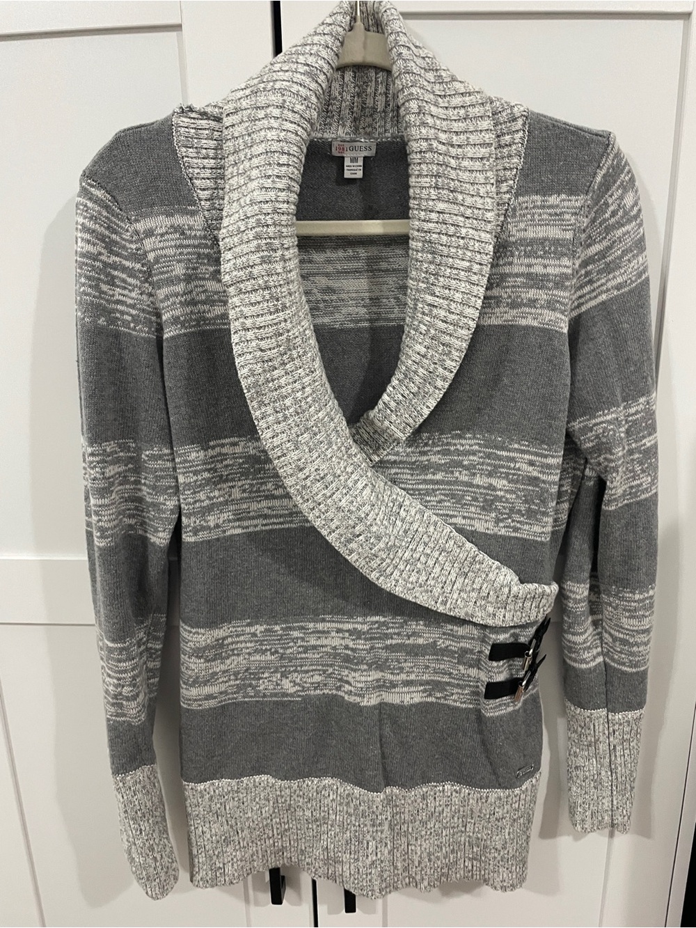 GUESS Womens M 100% Cotton Cowl Neck Sweater Gray Buckle Detail Pullover